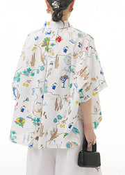 Unique White Peter Pan Collar Print Button Cotton Shirt Short Sleeve