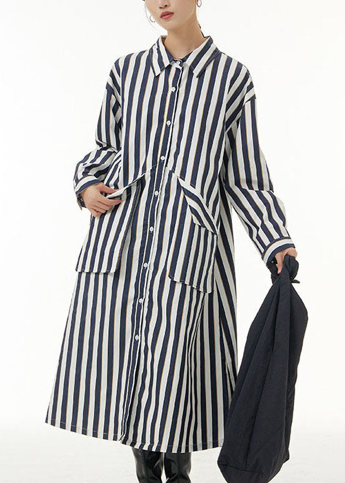 Unique White Peter Pan Collar Striped Pockets Patchwork Cotton Shirts Dress Spring