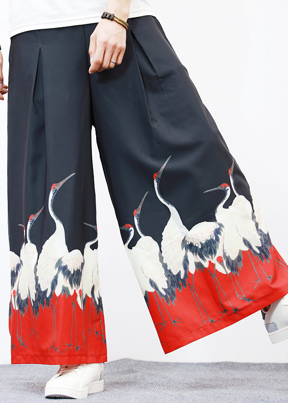 Unique White Pockets Print Ice Silk Mens Wide Leg Pants Summer