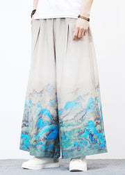 Unique White Pockets Print Ice Silk Mens Wide Leg Pants Summer