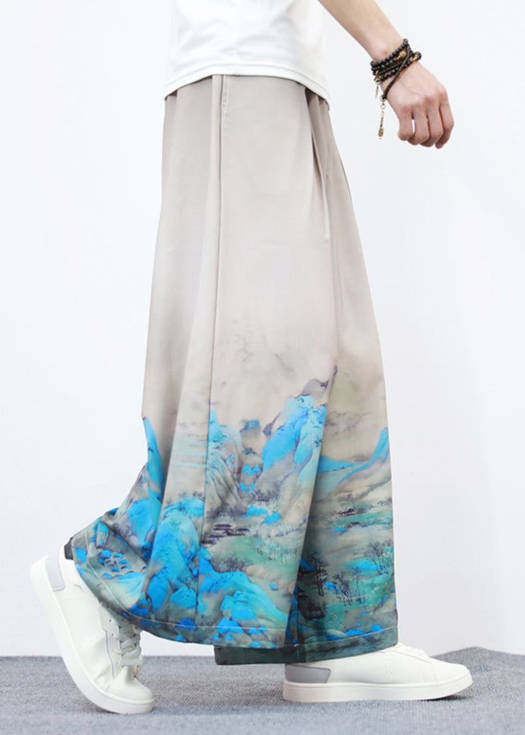 Unique White Pockets Print Ice Silk Mens Wide Leg Pants Summer