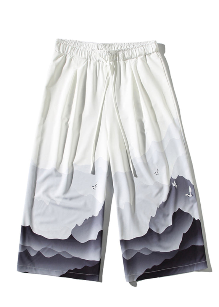 Unique White Pockets Print Ice Silk Mens Wide Leg Pants Summer