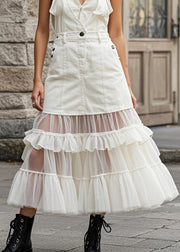 Unique White Ruffled Patchwork Tulle Denim Dress Summer