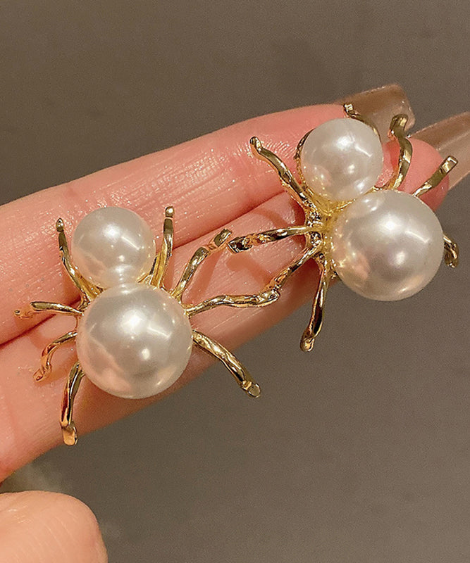 Unique White Sterling Silver Alloy Pearl Spider Stud Earrings