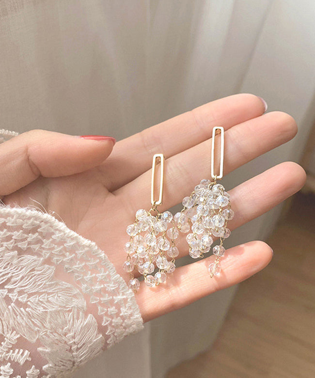 Unique White Sterling Silver Copper Crystal Hollow Out Drop Earrings