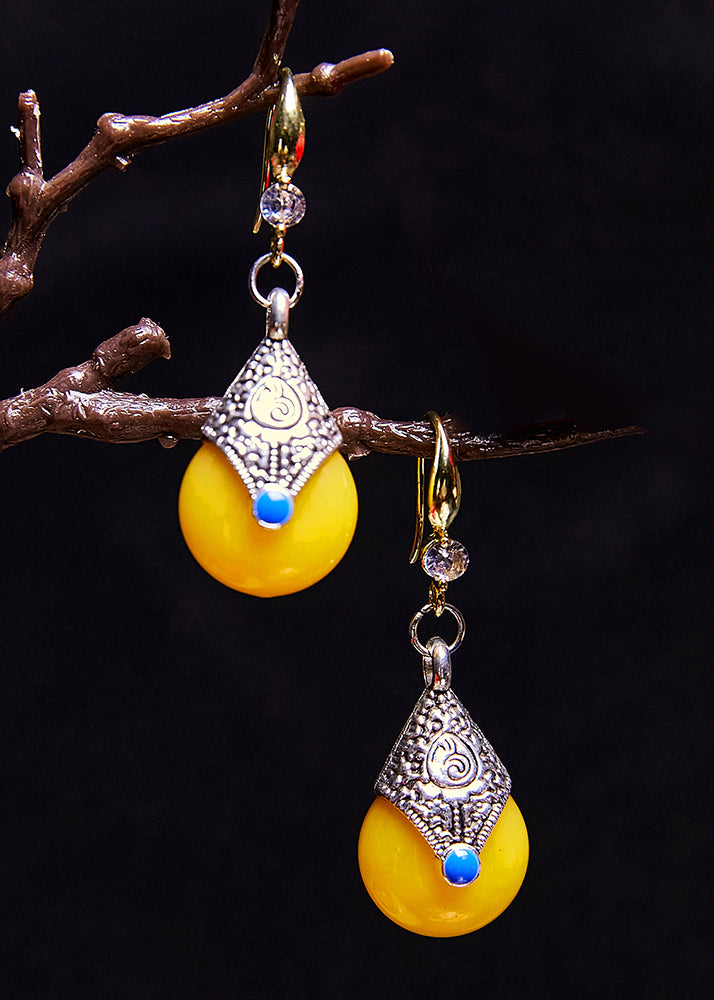 Unique Yellow Beeswax Zircon Drop Earrings