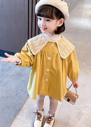 Unique Yellow Button Wrinkled Patchwork Cotton Baby Girls Trench Fall