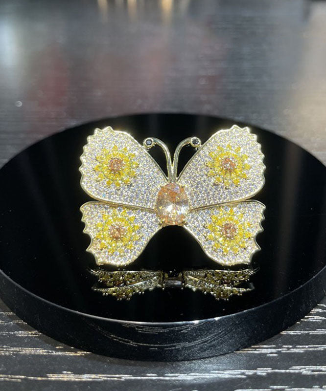 Unique Yellow Copper Alloy Inlaid Zircon Butterfly Brooches