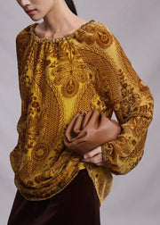 Unique Yellow Drawstring Jacquard Silk Velour Top Fall