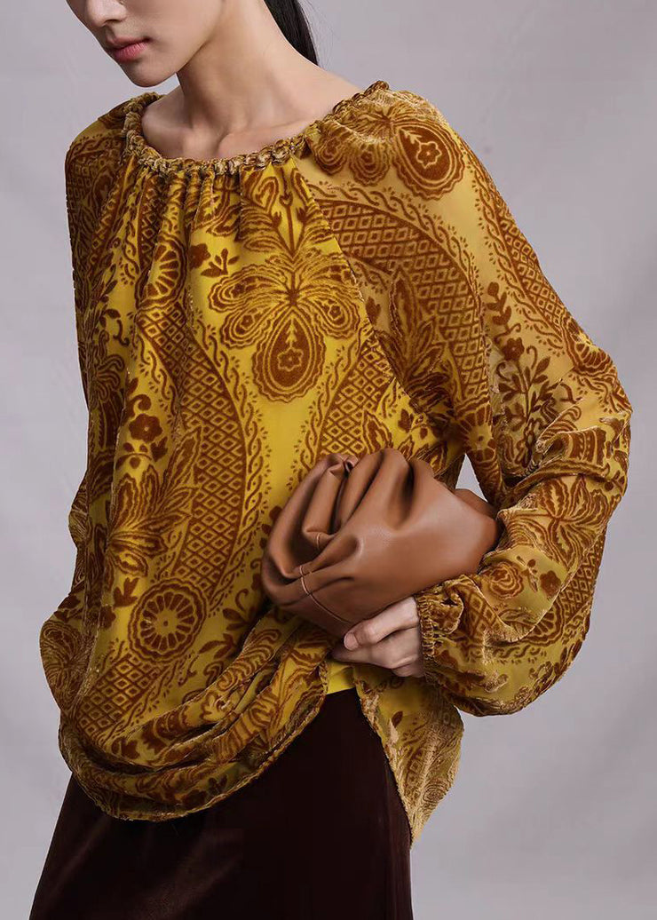 Unique Yellow Drawstring Jacquard Silk Velour Top Fall