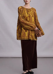 Unique Yellow Drawstring Jacquard Silk Velour Top Fall