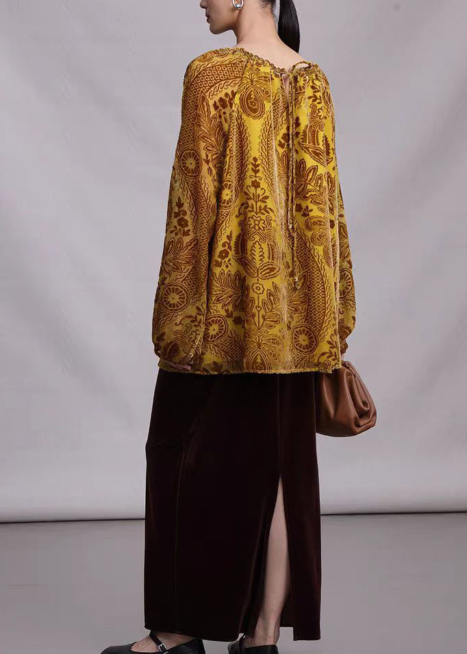 Unique Yellow Drawstring Jacquard Silk Velour Top Fall