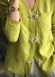 Unique Yellow Green V Neck Jacquard Patchwork Silk Shirts Spring