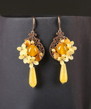 Unique Yellow Jade Sterling Silver Yellow Agate Floral Drop Earrings