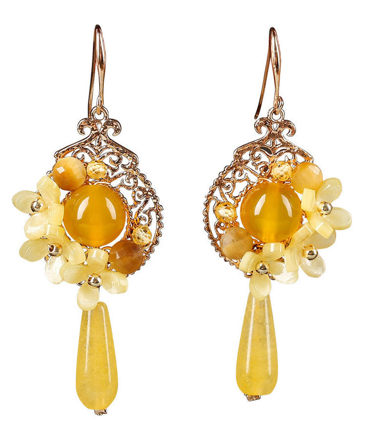 Unique Yellow Jade Sterling Silver Yellow Agate Floral Drop Earrings