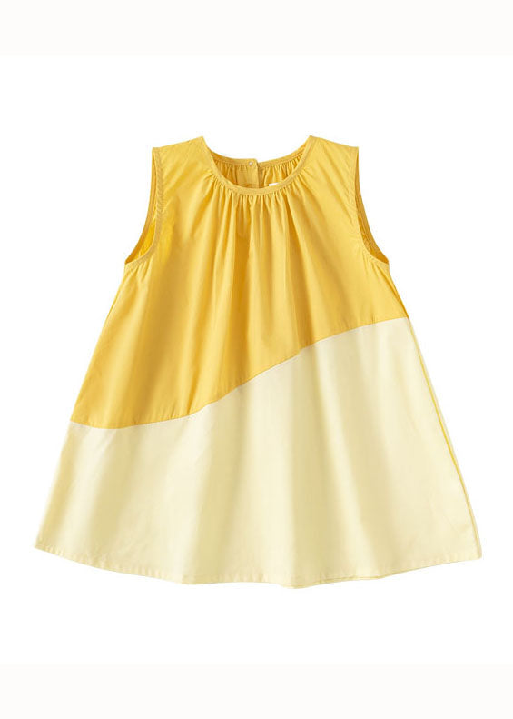 Unique Yellow O Neck Patchwork Cotton Baby Girls Dresses Sleeveless