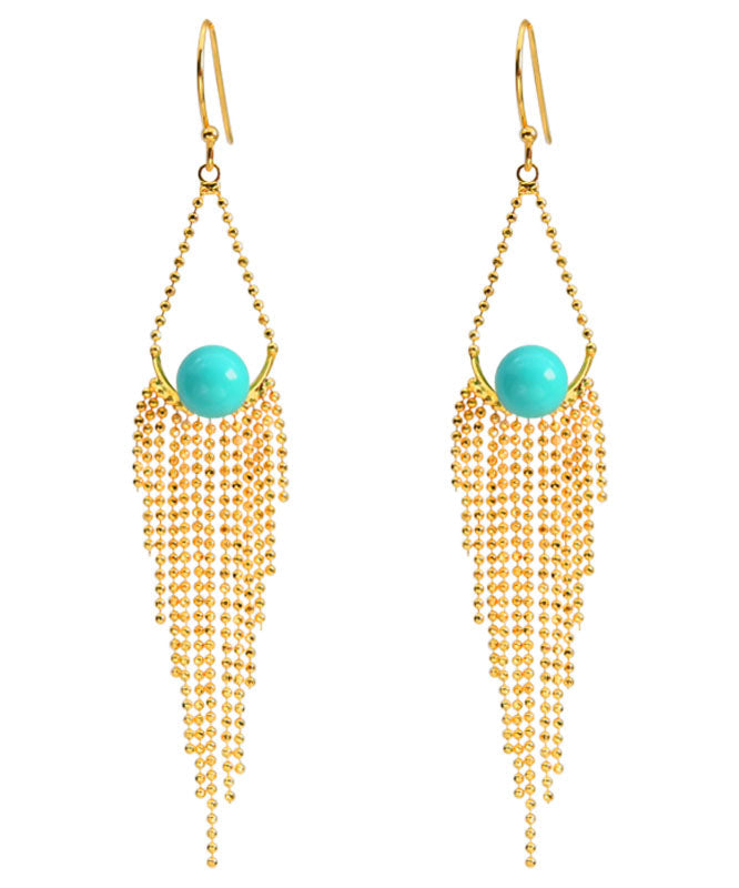 Unique Yellow Sterling Silver Overgild Turquoise Tassel Drop Earrings