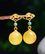 Unique Yellow Sterling Silver Overgild Turquoise Zircon Beeswax Drop Earrings