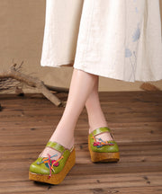 Unique Yellow Stripe Cowhide Leather Splicing Wedge Slide Sandals