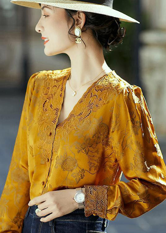 Unique Yellow V Neck Embroideried Jacquard Silk Shirts Long Sleeve