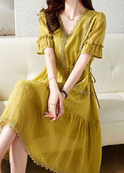 Unique Yellow V Neck Lace Patchwork Chiffon Dress Summer