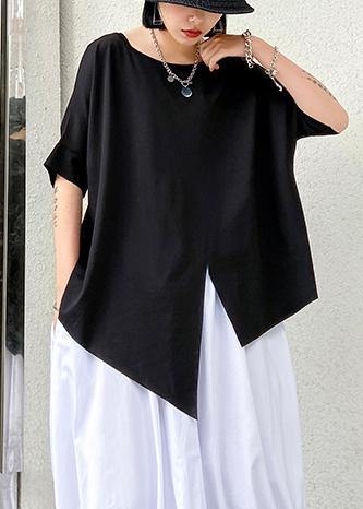 Unique black cotton clothes o neck asymmetric summer shirt - bagstylebliss