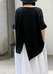Unique black cotton clothes o neck asymmetric summer shirt - bagstylebliss