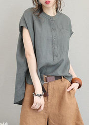 Unique o neck linen tops women blouses low high design Plus Size Clothing gray green shirt - bagstylebliss