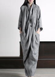 Vetro Blue V Neck Print Wrinkled Asymmetrical Linen Maxi Dress Long Sleeve