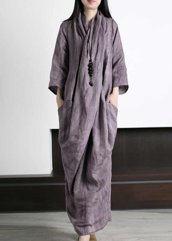 Vetro Blue V Neck Print Wrinkled Asymmetrical Linen Maxi Dress Long Sleeve