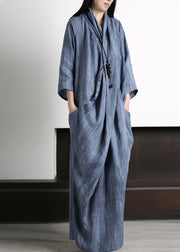 Vetro Blue V Neck Print Wrinkled Asymmetrical Linen Maxi Dress Long Sleeve