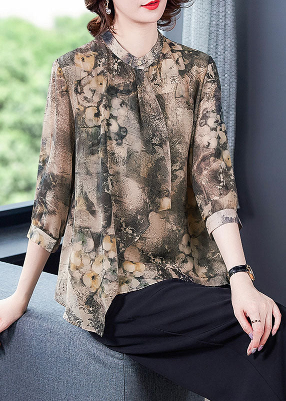 Vintage Apricot Asymmetrical Print Silk Shirts Bracelet Sleeve