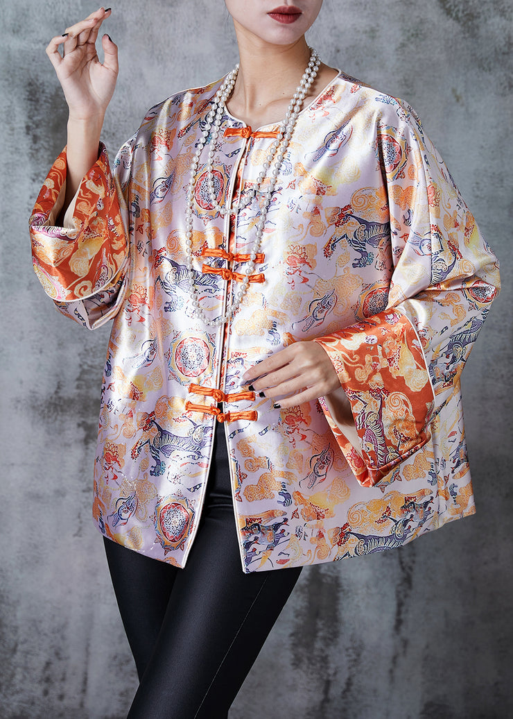 Vintage Apricot Oversized Print Silk Oriental Coats Spring