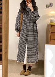 Vintage Apricot Plaid O-Neck Button Long Shirts Dresses Spring