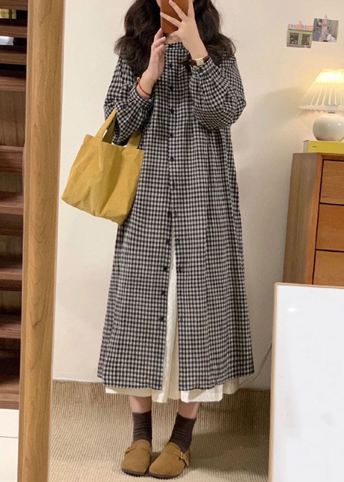 Vintage Apricot Plaid O-Neck Button Long Shirts Dresses Spring