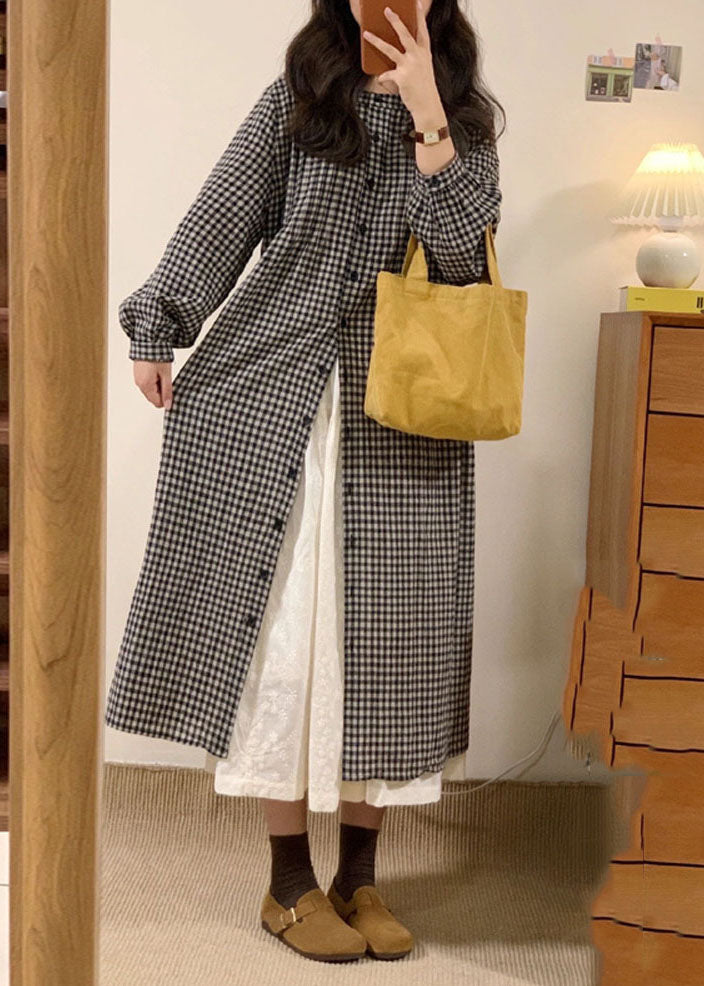 Vintage Apricot Plaid O-Neck Button Long Shirts Dresses Spring