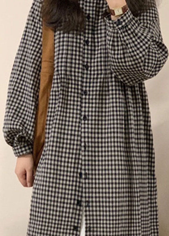 Vintage Apricot Plaid O-Neck Button Long Shirts Dresses Spring