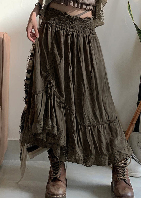 Vintage Army Green Ruffled Cinched Elastic Waist Cotton Skirts Fall