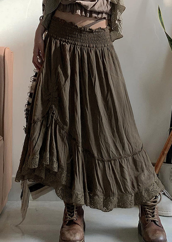 Vintage Army Green Ruffled Cinched Elastic Waist Cotton Skirts Fall