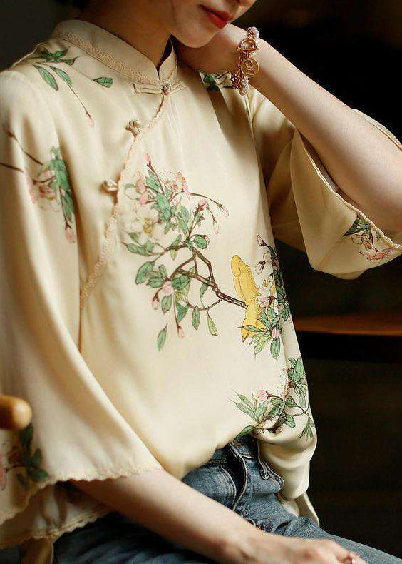 Vintage Grey-flower Mandarin Collar side open Print Silk top long sleeve