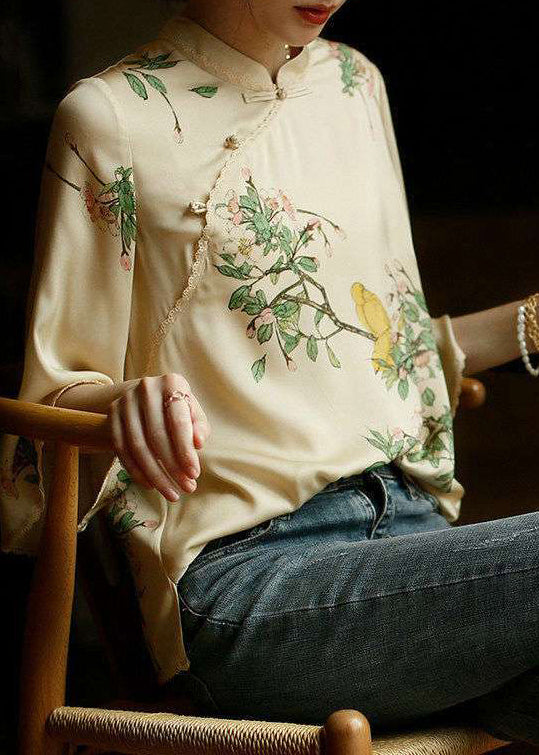 Vintage Grey-flower Mandarin Collar side open Print Silk top long sleeve