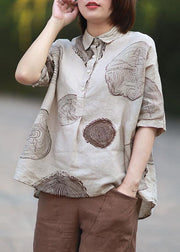 Vintage Beige Peter Pan Collar Print Summer Linen Blouses Half Sleeve - bagstylebliss