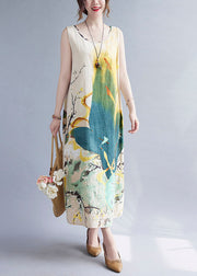 Vintage Beige Print O-Neck Linen Vacation Dresses Summer