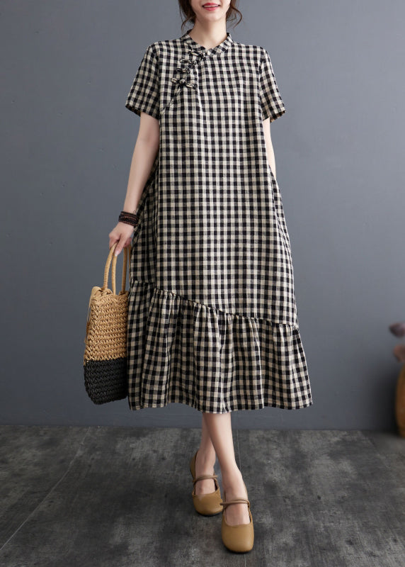 Vintage Big Plaid Stand Collar Patchwork Cotton Dress Summer