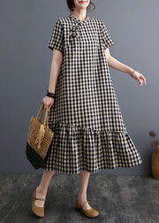 Vintage Big Plaid Stand Collar Patchwork Cotton Dress Summer