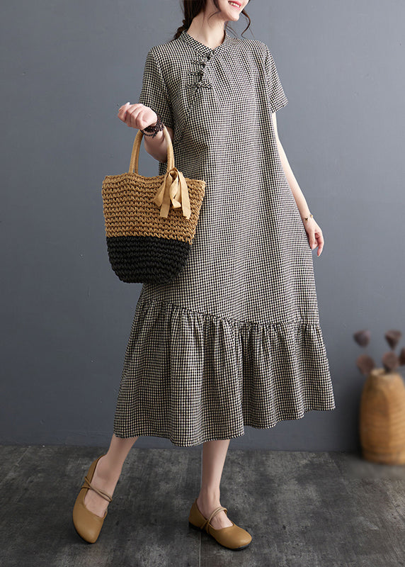 Vintage Big Plaid Stand Collar Patchwork Cotton Dress Summer