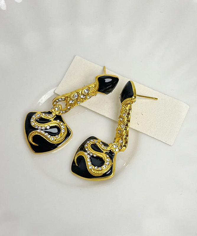 Vintage Black Ancient Gold Zircon Asymmetric Glazed Serpentine Shape Drop Earrings