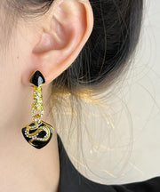 Vintage Black Ancient Gold Zircon Asymmetric Glazed Serpentine Shape Drop Earrings