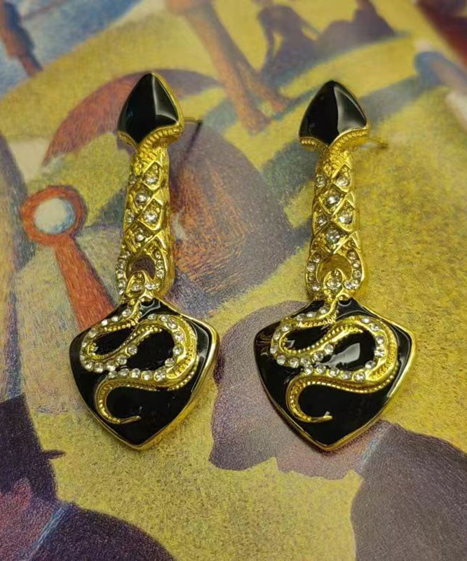 Vintage Black Ancient Gold Zircon Asymmetric Glazed Serpentine Shape Drop Earrings