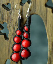 Vintage Black And Red Patchwork Gem Stone Drop Earrings